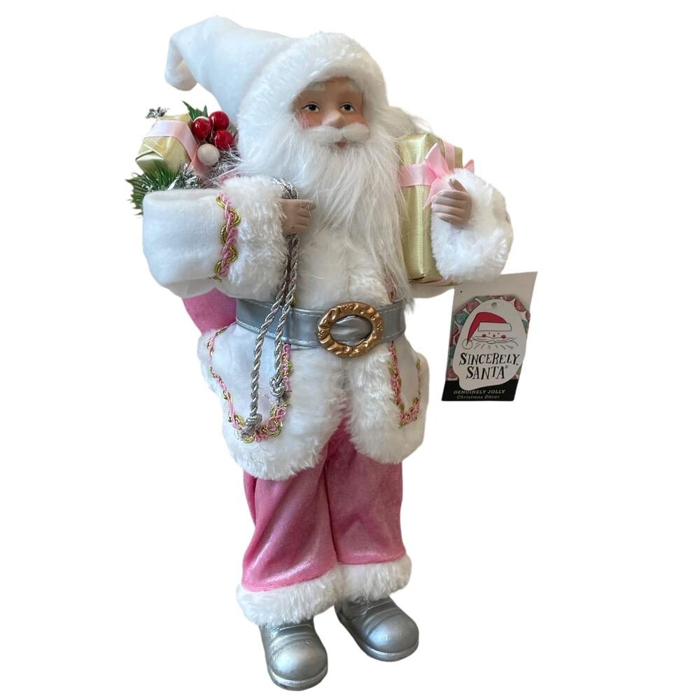 Christmas Pink White SINCERELY SANTA Claus Doll Figurine Tabletop Decor 13" NEW